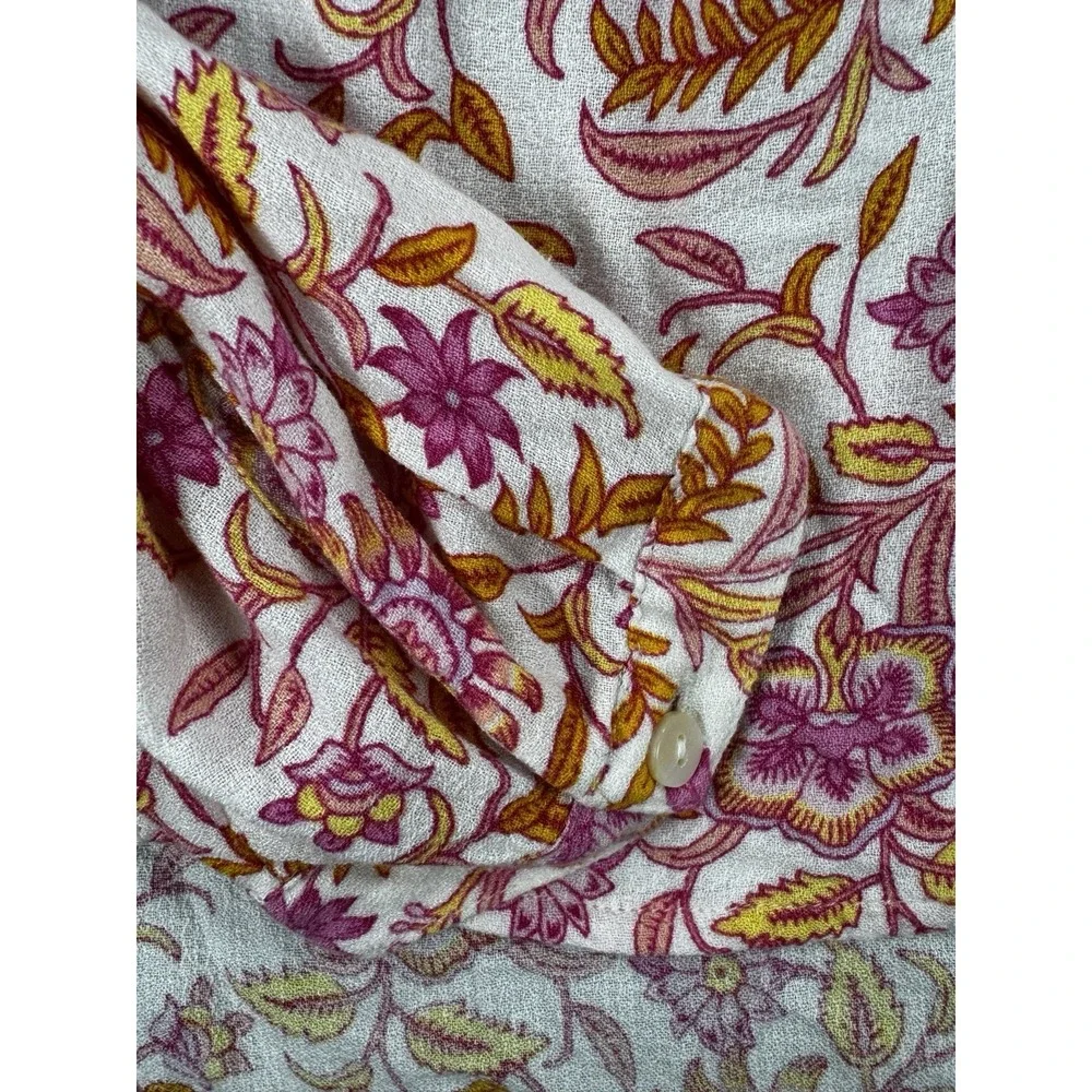 Lucky Brand Floral Boho Blouse Large Pink Orange Smocked Peasant Top LS - Picture 5 of 12